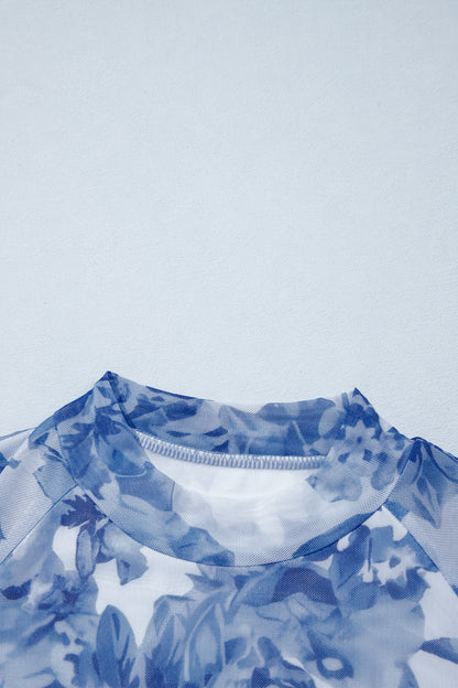 Blue Floral Mesh Mock Neck Long Sleeve Fitted Top