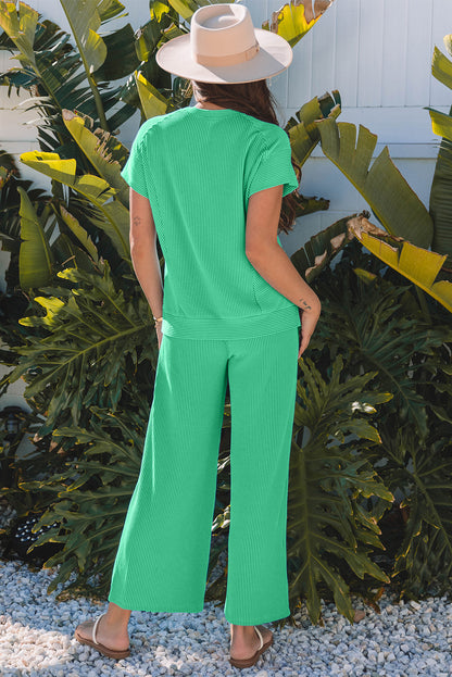 Green Ribbed Knit Lounge Set Wide Leg Pants Outfit