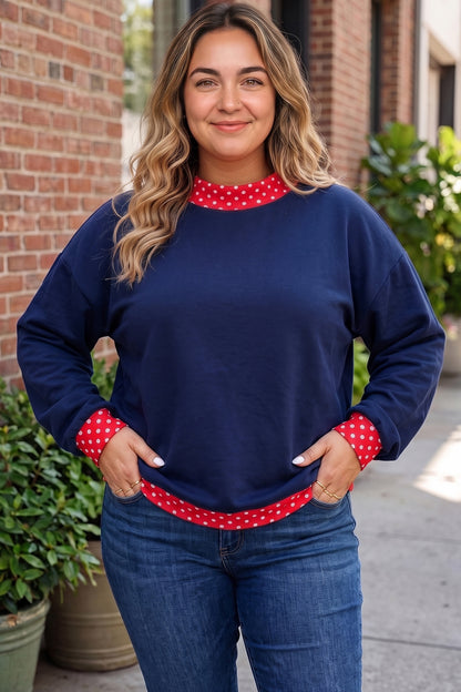 Polka Dot Trim Plus Size Crew Neck Tunic Sweatshirt