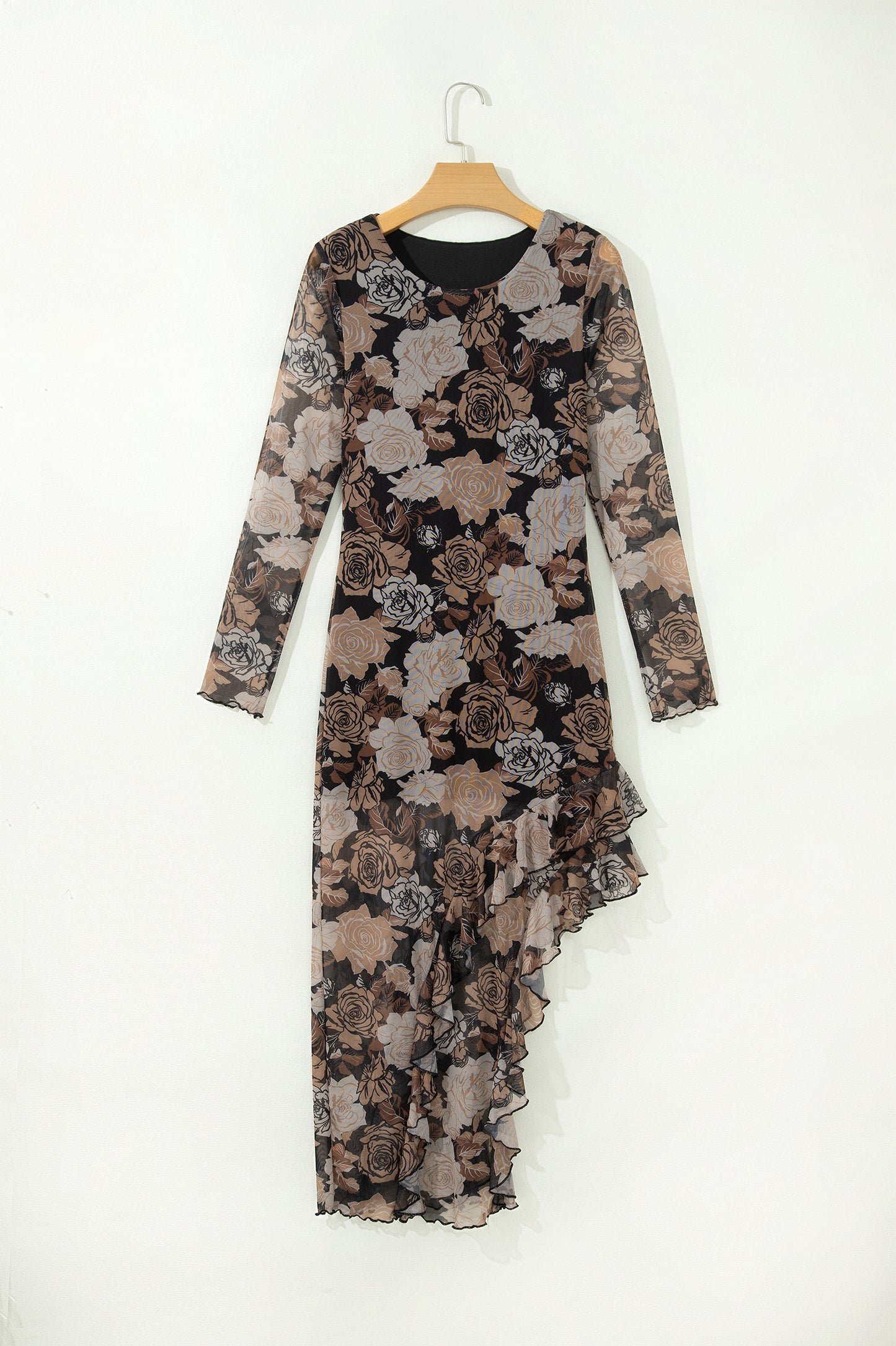 Floral Mesh Long Sleeve Asymmetric Ruffle Midi Dress