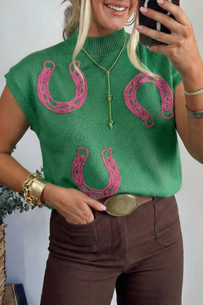 Western Horseshoe Knit Top Mock Neck Sweater Vest