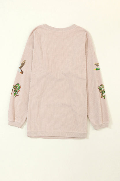 Apricot Twisted Rib Sequin Patched Mallard Bow Pattern Oversized Sweatshirt