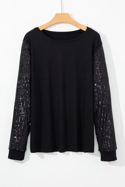 Black Sequin Contrast Long Sleeve Plus Size Top