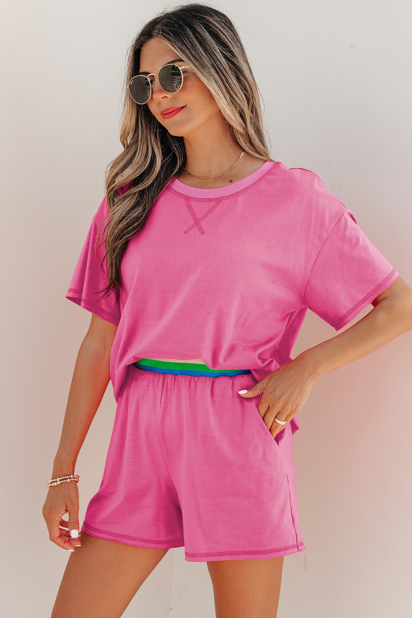 Bright Pink Lounge Set Rainbow Waistband Tee and Shorts