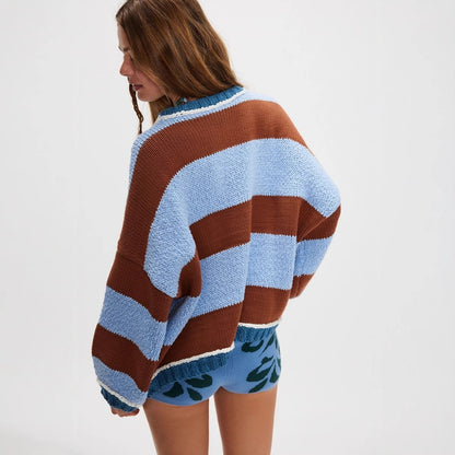 Oversized Color Block Striped Knit Pullover Sweater for Women