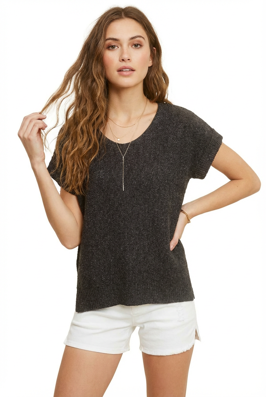 Lightweight Textured Knit Short Sleeve Sweater Top