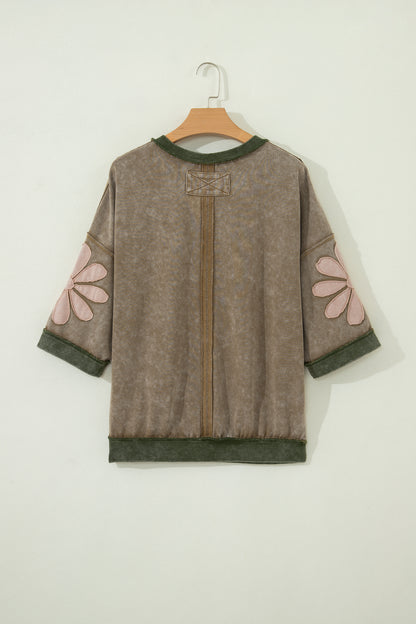 Mineral Wash Floral Patchwork Oversized Raw Seam Top