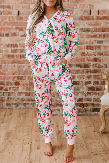 Christmas Tree Print Button Lounge Set for Women 2pcs
