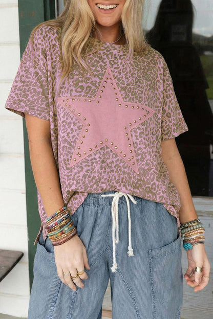 Leopard Star Patch Studded Oversized Western Graphic Tee