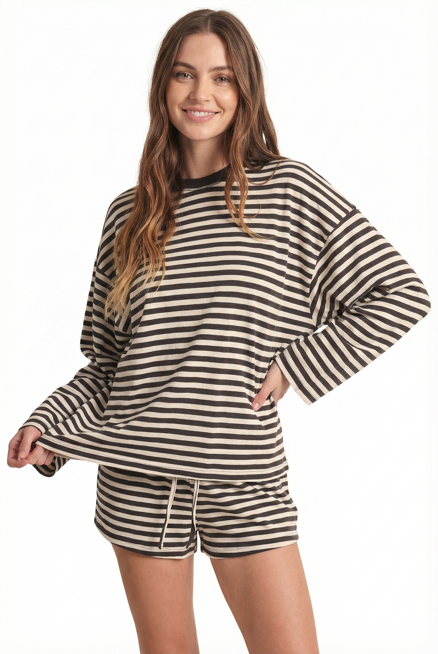 Striped Oversized Long Sleeve Lounge Set Two Piece