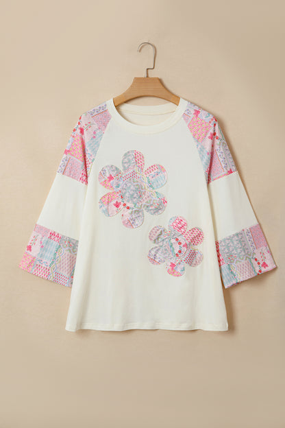Boho Patchwork Floral Graphic Long Sleeve Top Women