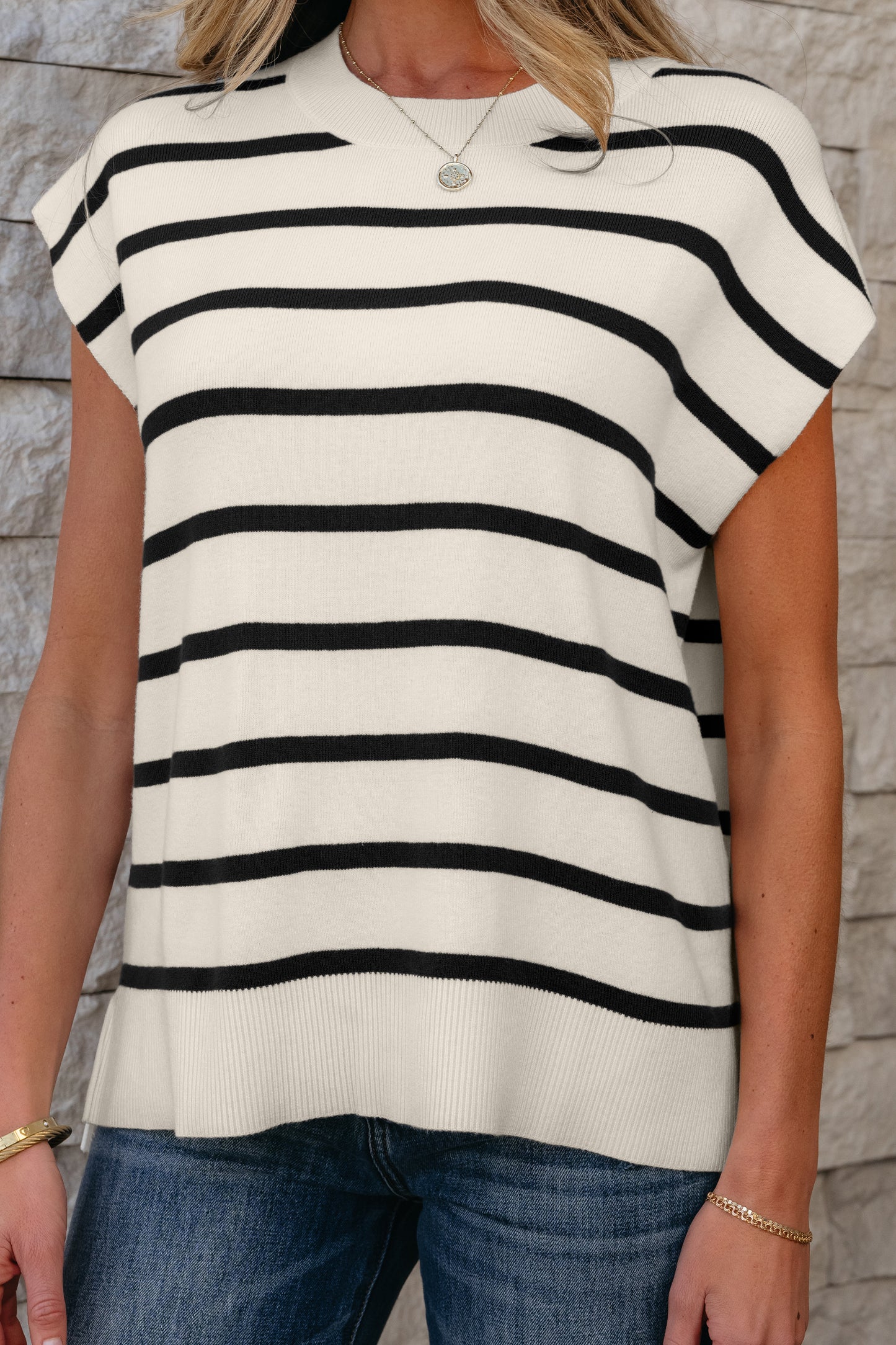 Parchment Striped Short Sleeve Crewneck Knit Sweater Top