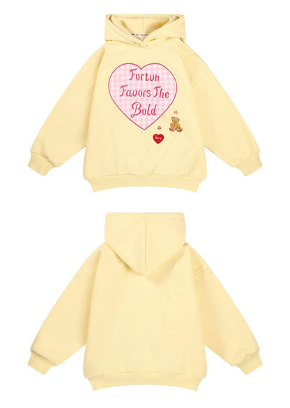 Girls Yellow Fleece Lined Hoodie with Heart Graphic Print