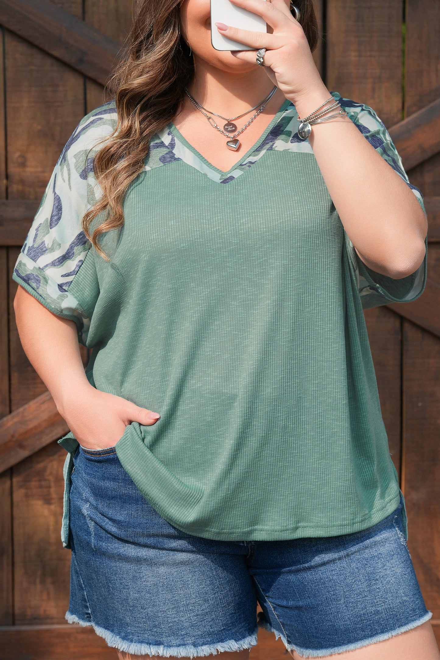 Women Camo Sleeve V Neck Casual Loose Fit Summer Top