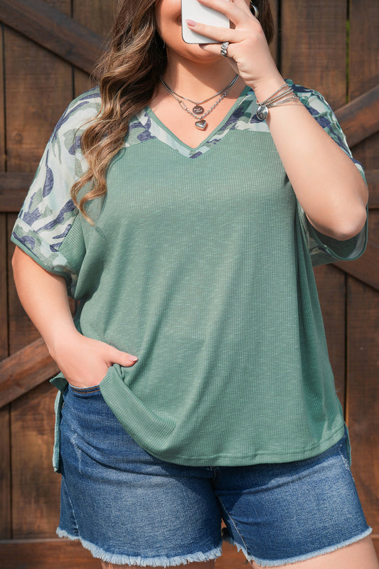 Women Camo Sleeve V Neck Casual Loose Fit Summer Top