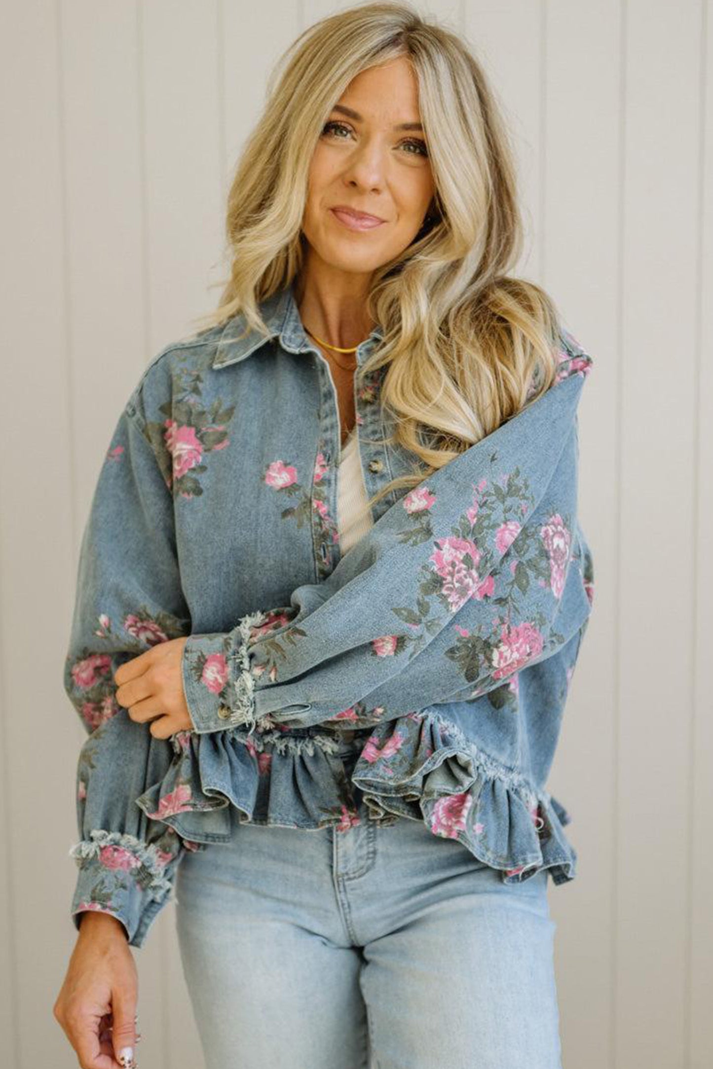 Floral Denim Jacket Ruffle Hem Puff Sleeve Cropped