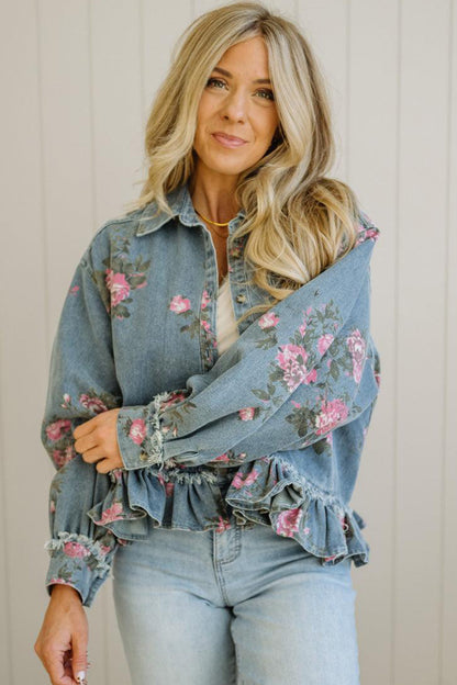 Floral Denim Jacket Ruffle Hem Puff Sleeve Cropped