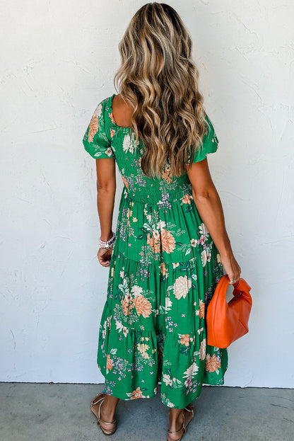 Green Floral Ruffle Sleeve Maxi Dress Summer Boho