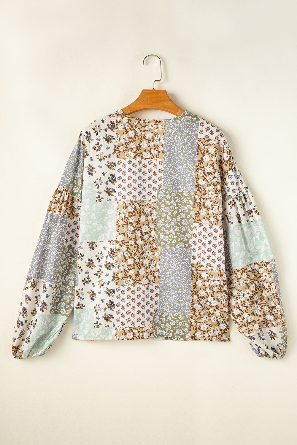 Floral Patchwork Print Button Front Puff Sleeve Blouse