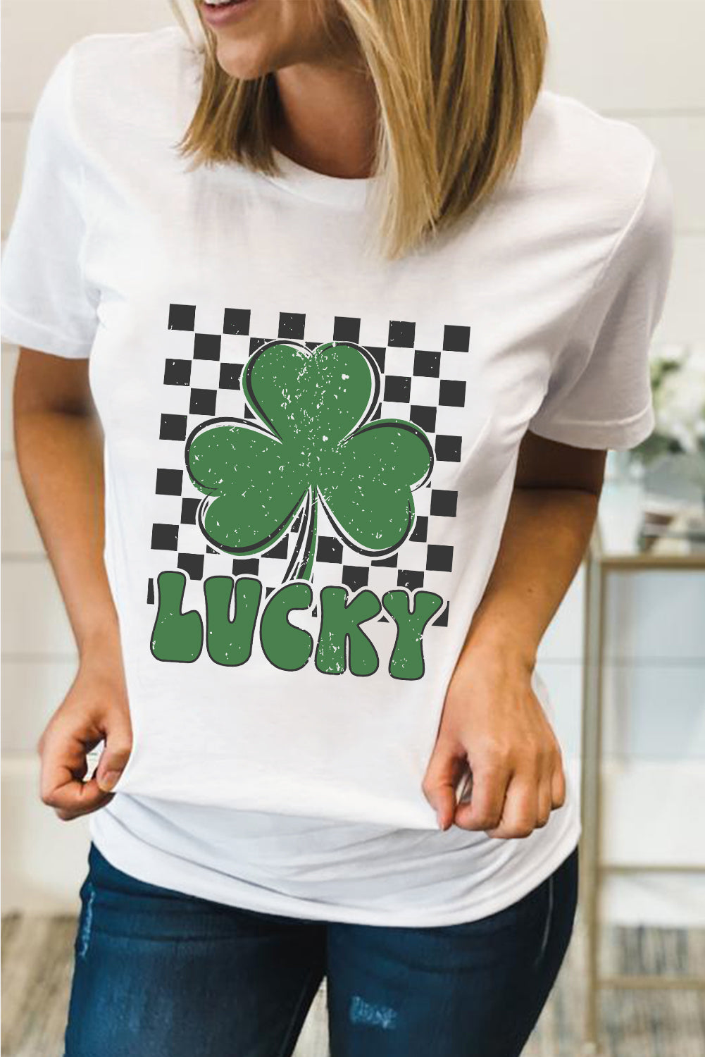 St. Patrick’s White Lucky Clover Checker Graphic Tee