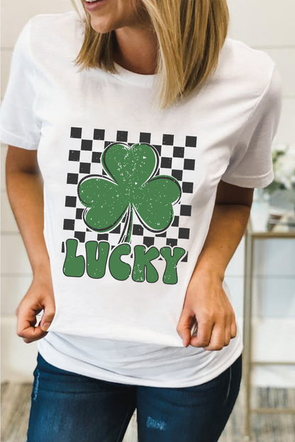St. Patrick’s White Lucky Clover Checker Graphic Tee