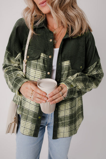 Blackish Green Snap Button Plaid Shacket with Corduroy Patchwork