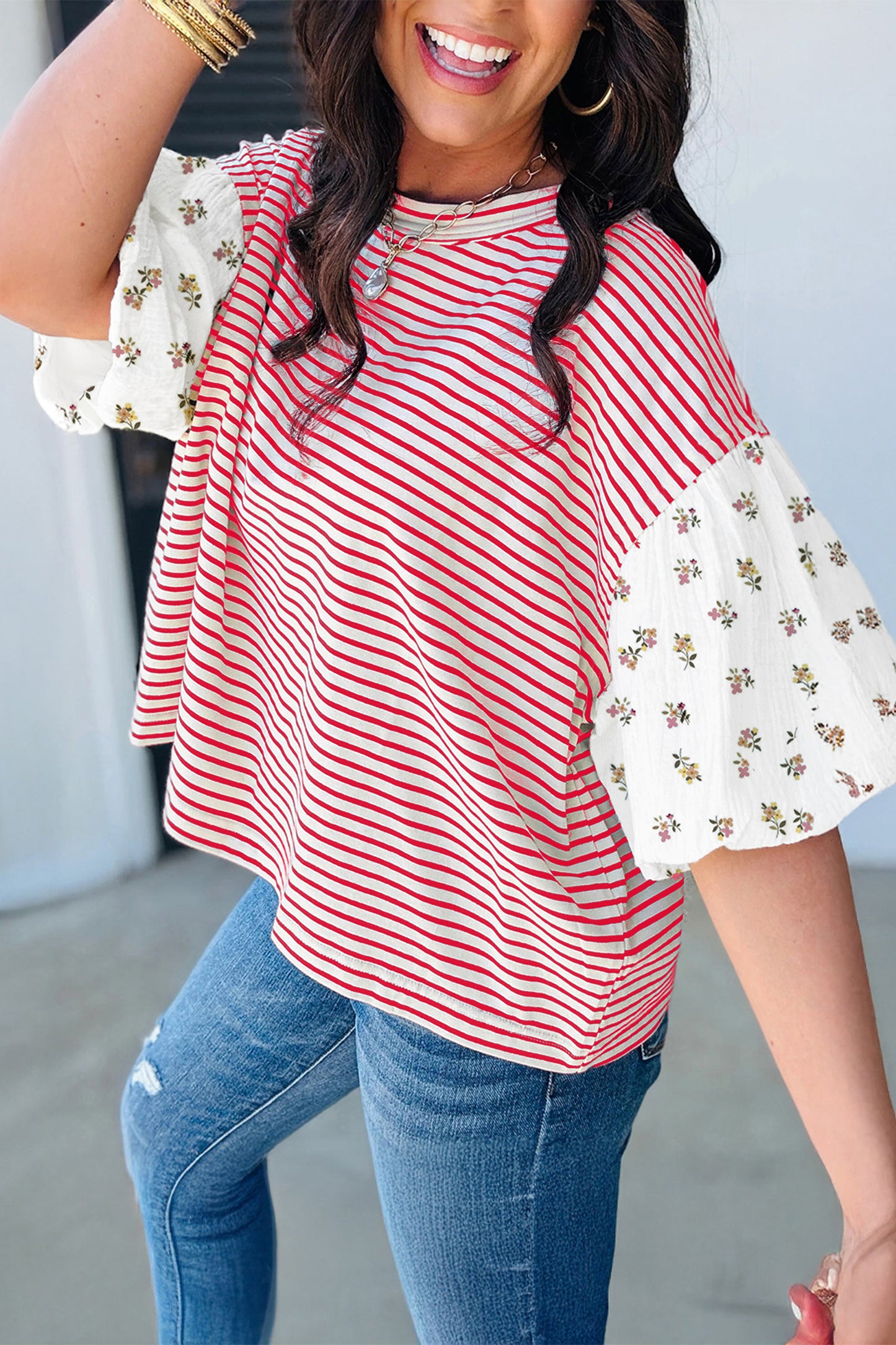 Striped Floral Patchwork Puff Sleeve Loose Casual Top