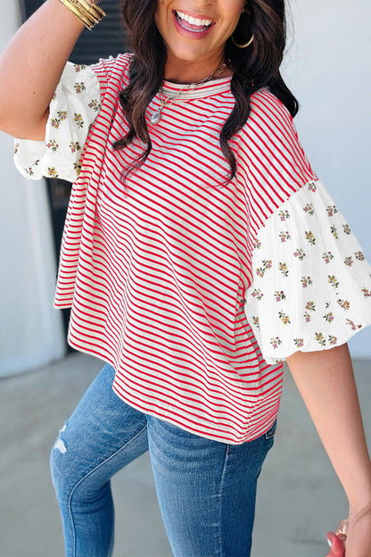 Striped Floral Patchwork Puff Sleeve Loose Casual Top