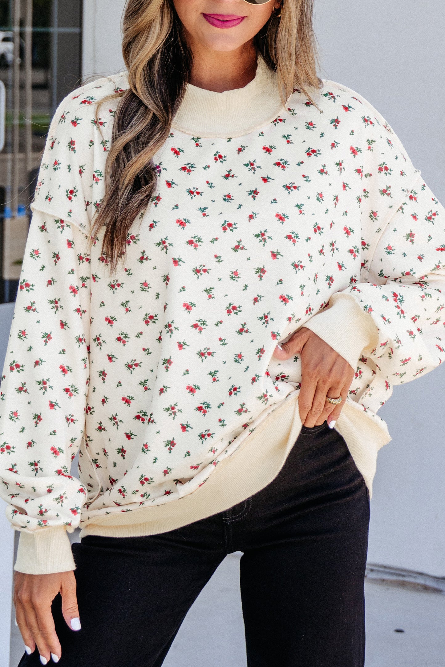 Floral Mock Neck Pullover Sweatshirt Women Casual Top