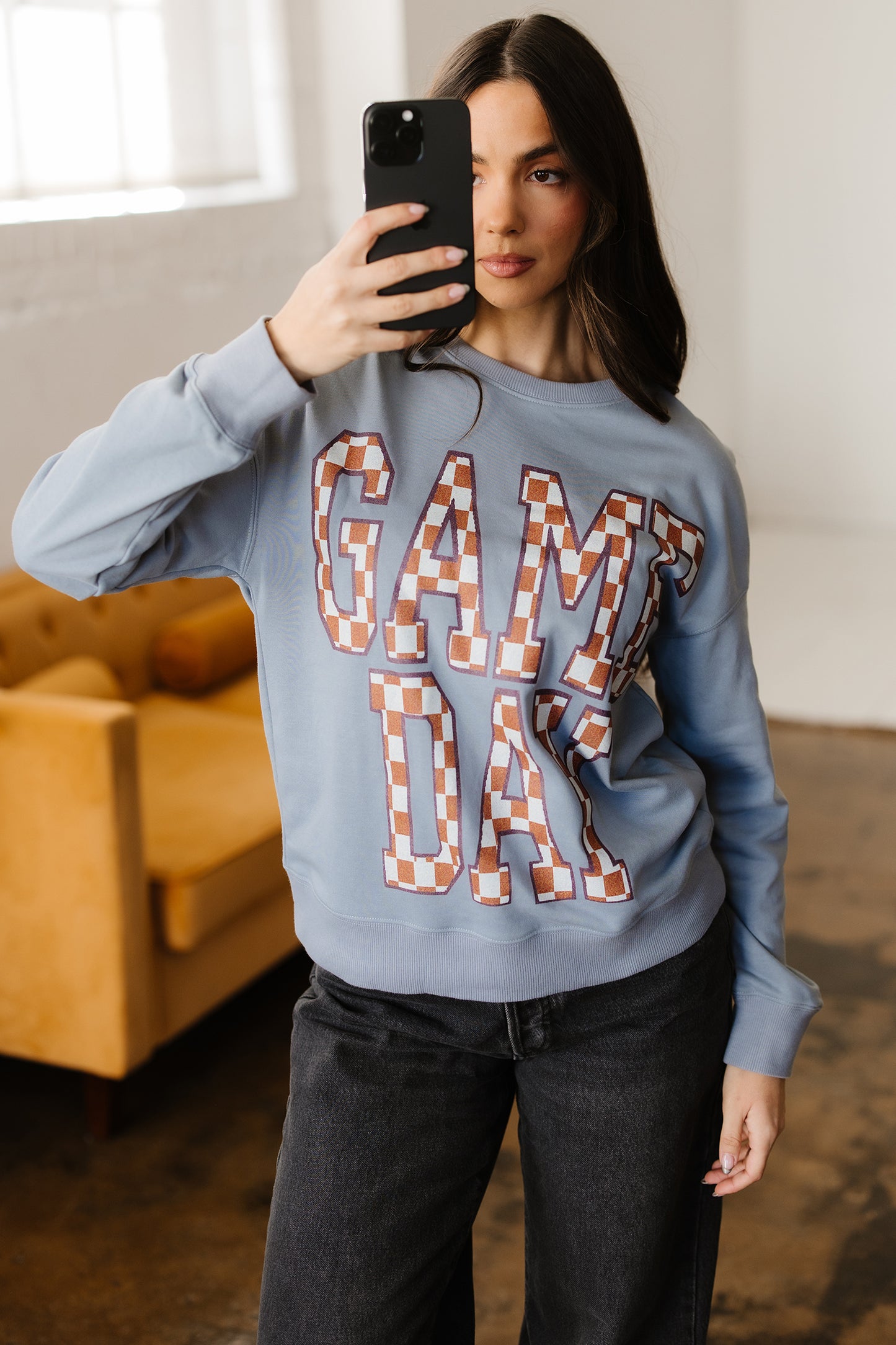 Game Day Checkered Graphic Oversized Crewneck Sweatshirt