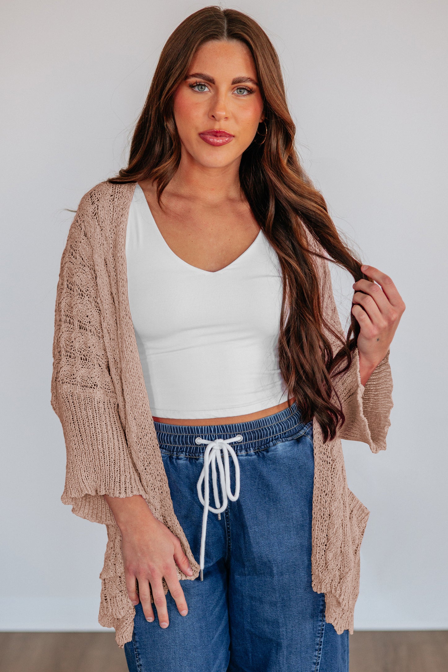 Old Rose Hollow Knit Drop Shoulder Cardigan Sweater