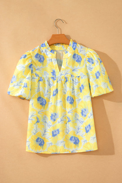 Floral Print Bubble Sleeve Loose Fit Summer Blouse