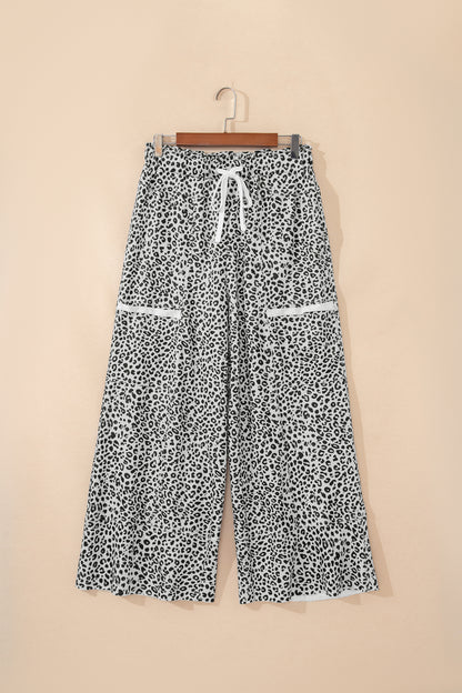 Khaki Animal Print Wide Leg Terry Knit Pants