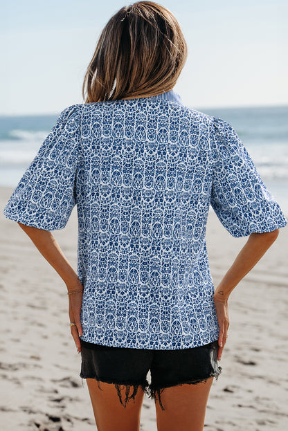 Blue Floral Contrast Puff Sleeve Notch Neck Top