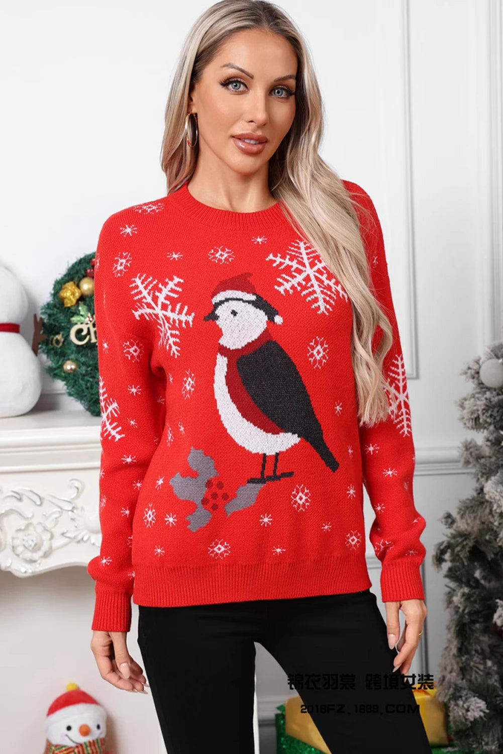 Fiery Red Christmas Penguin Snowflake Printed Holiday Sweater
