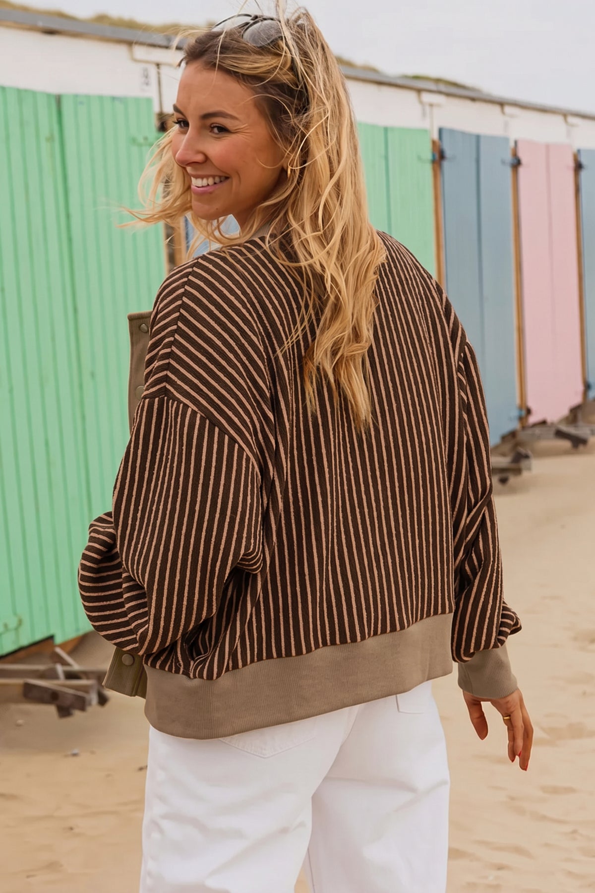 Green Stripe Striped V Neck Patchwork Long Sleeve Regular Fit Cardigan