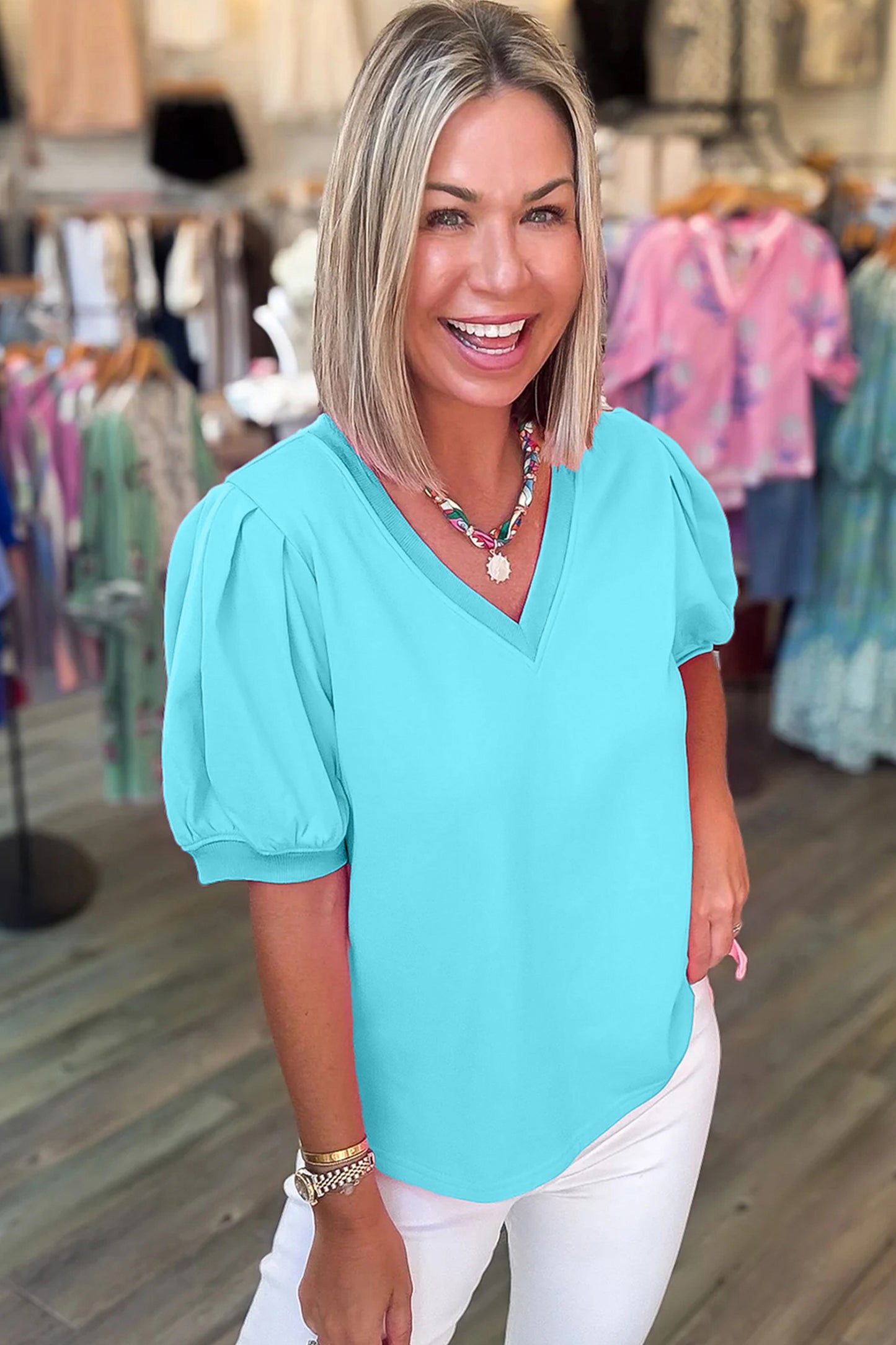 Womens V Neck Puff Sleeve Blouse Lightweight Casual Top