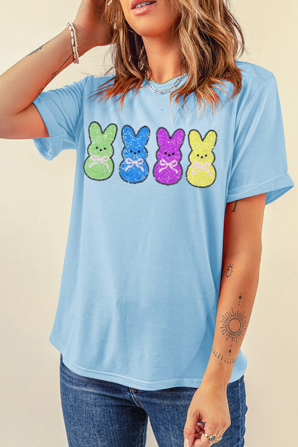 Easter Bunny Sequin Graphic Casual Short Sleeve T Shirt
