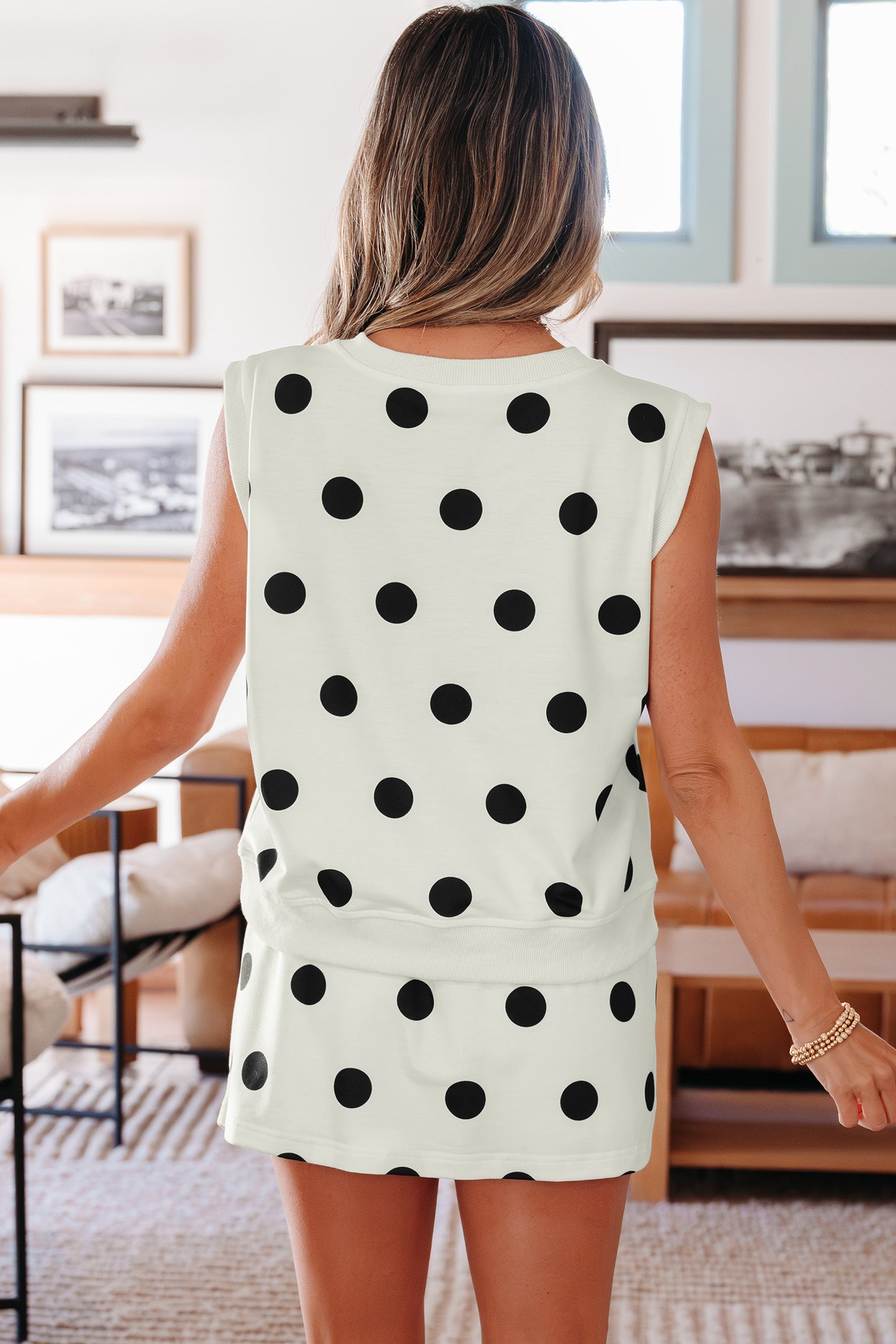 Polka Dot Tank Top Split Skort 2 Piece Lounge Set