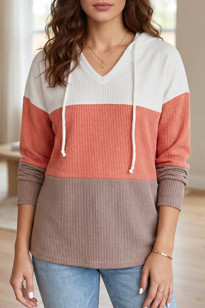 Gold Flame Ribbed Color Block Hooded Long Sleeve Casual Top