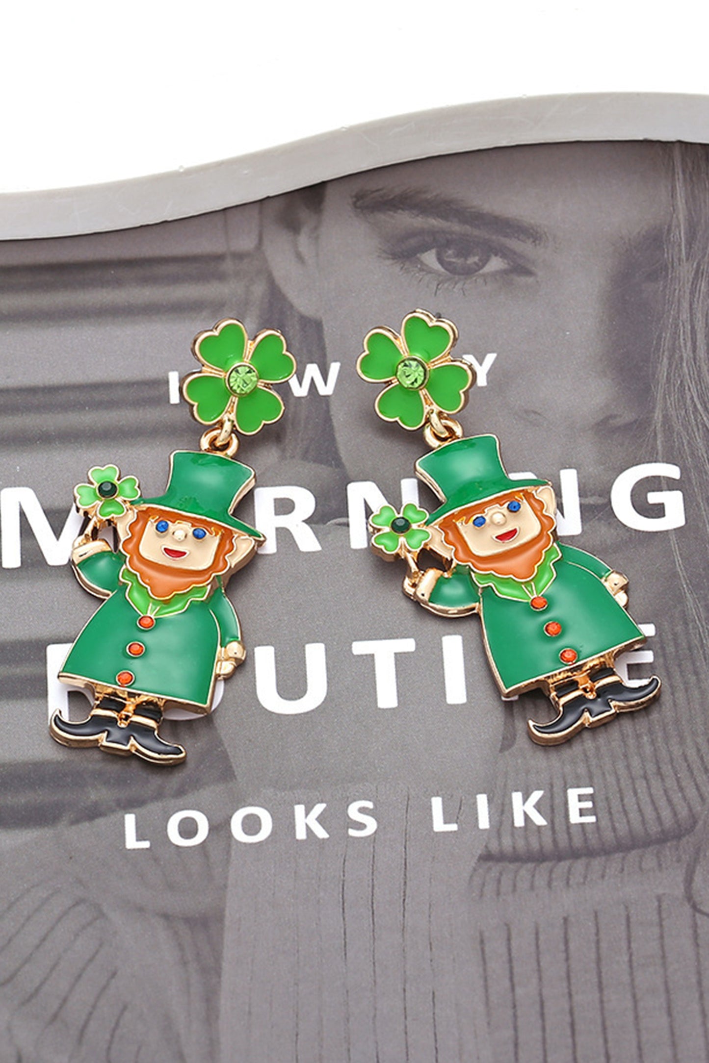 St. Patrick’s Green Leprechaun Clover Enamel Drop Earrings