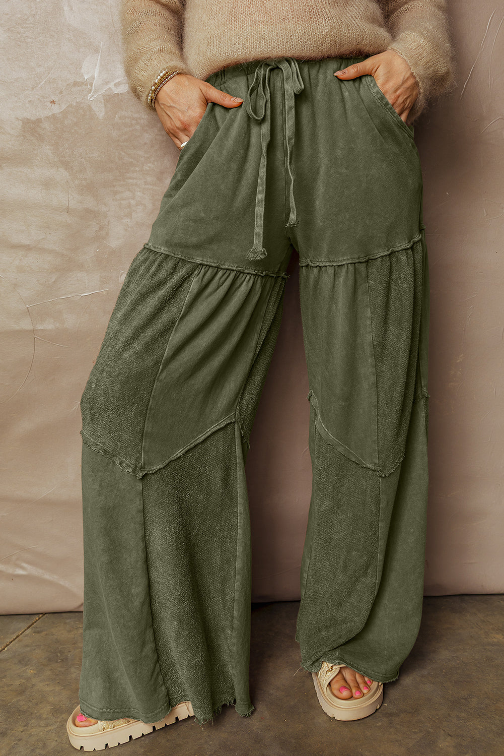 Women's Black Mineral Wash Wide Leg Patchwork Pants