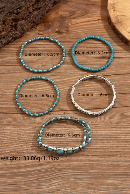 Western Turquoise Beaded Silver 5 Piece Layered Bracelet