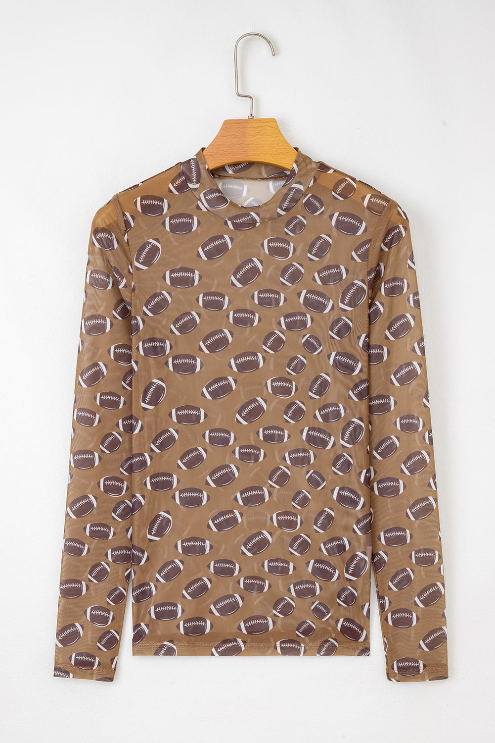 Football Print Mesh Mock Neck Game Day Long Sleeve Top