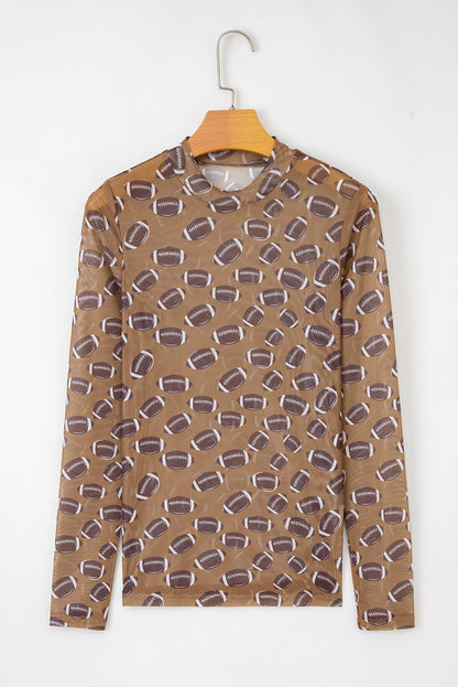 Football Print Mesh Mock Neck Game Day Long Sleeve Top