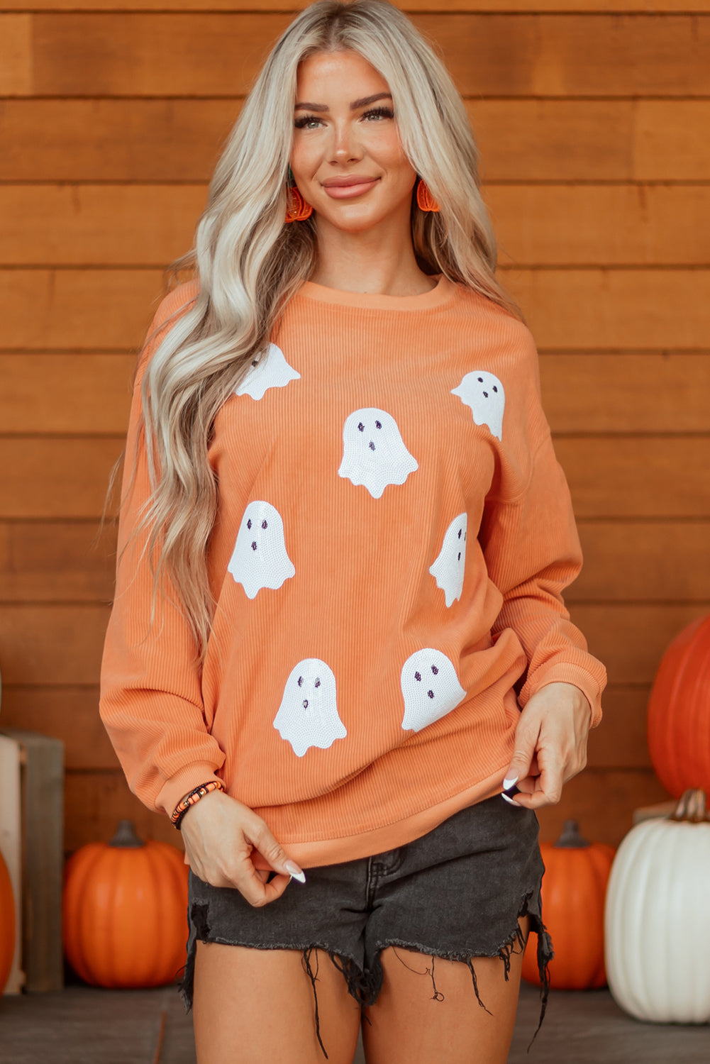 Women's Halloween Ghost Patch Ribbed Knit Sweatshirt