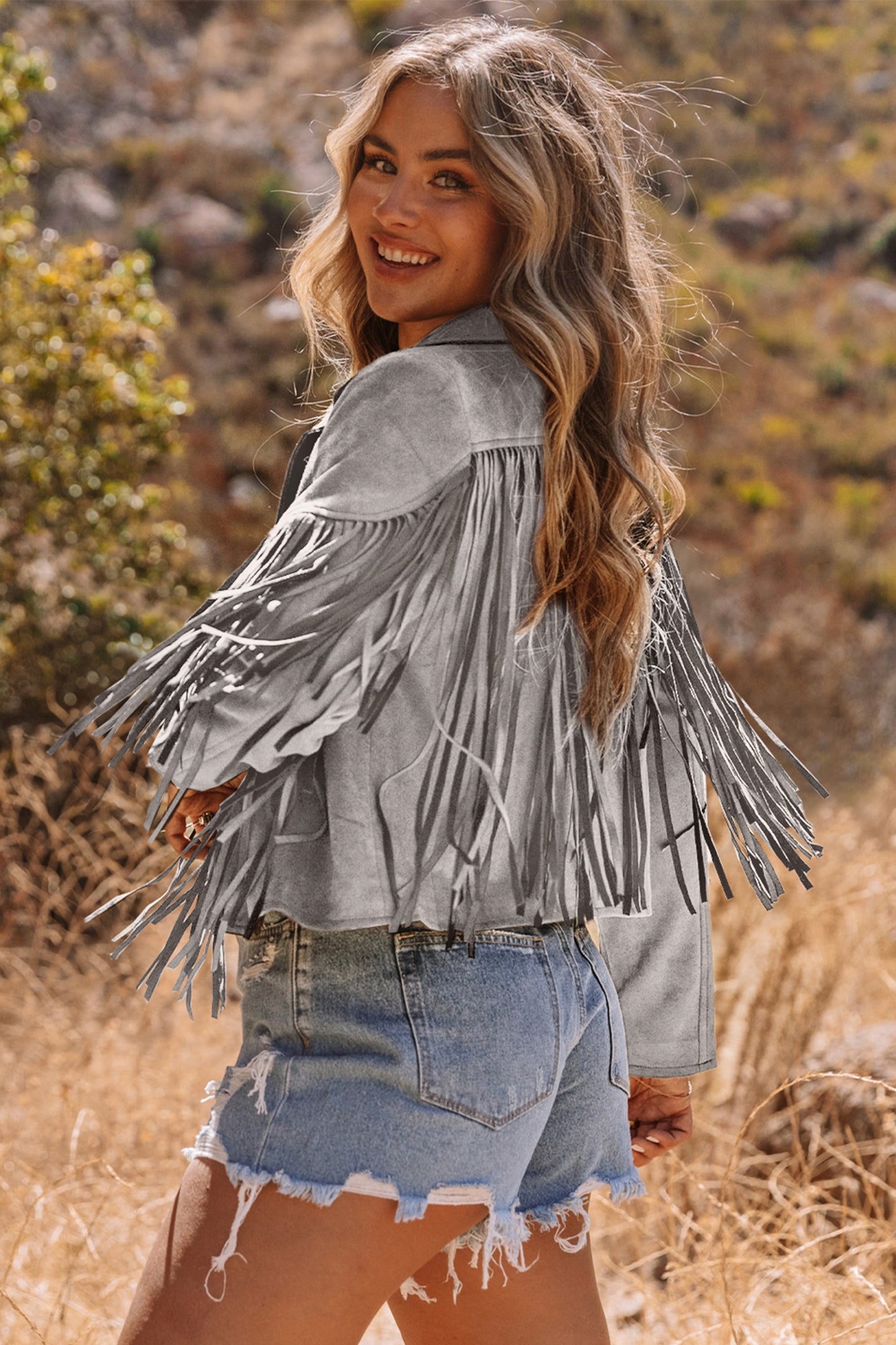 Women Fringe Faux Suede Cropped Jacket Western Style