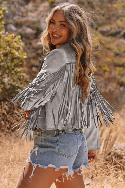 Women Fringe Faux Suede Cropped Jacket Western Style