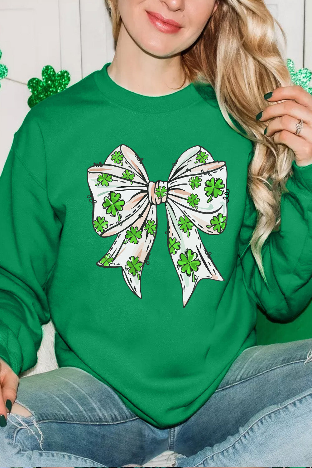 Dark Green Clover Bow St Patrick’s Drop Shoulder Sweatshirt