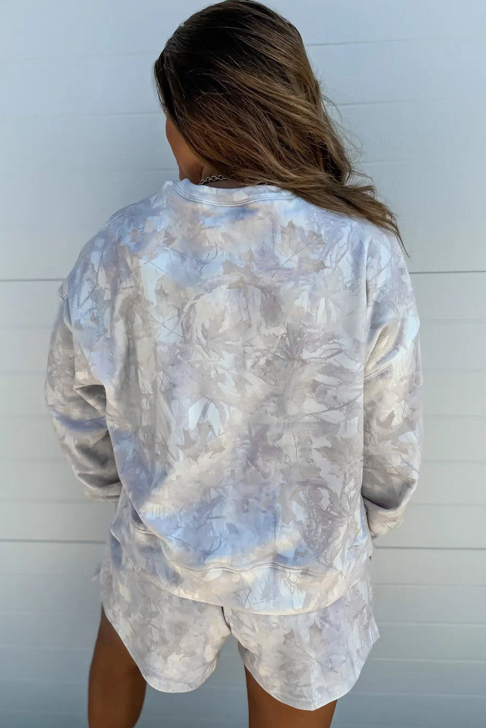 Beige Camo Print Lounge Pullover and Elastic Waist Short Set